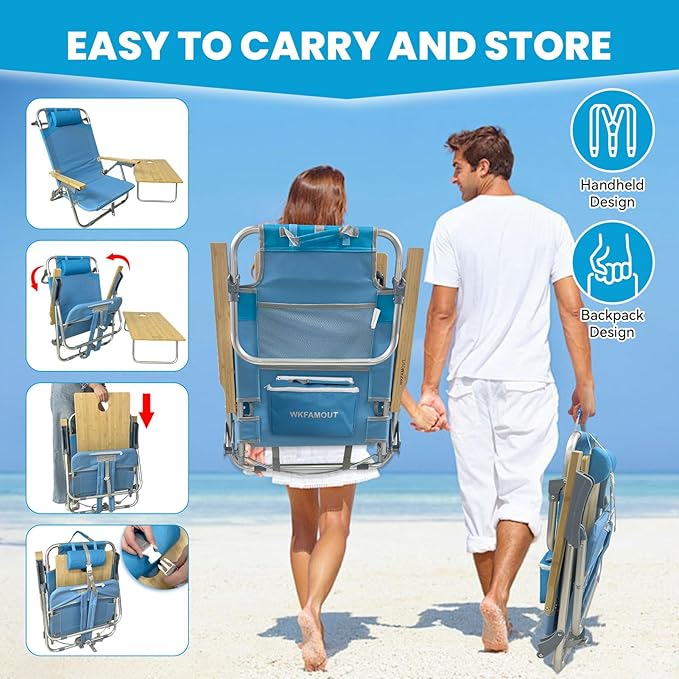 2 Pack Low Backpack Beach Chair with Folding Bamboo Table for Adults 5-Position Lay Flat Reclining Chair Lightweight with Cooler Bag Supports 265 lbs