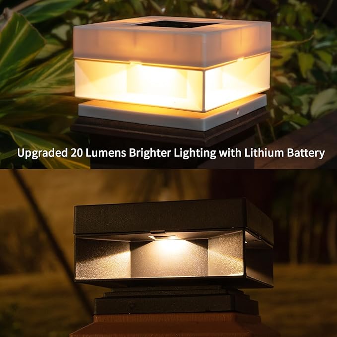 Solar Post Cap Lights50 Lumem Brightness2 Modes Warm White/Bright White Outdoor Fence Post Cap Light Garden Decor Lithium Battery Powered Lighting Fits for 4x4 5x5 Wooden Posts 4x4 5x5 Vinyl Posts