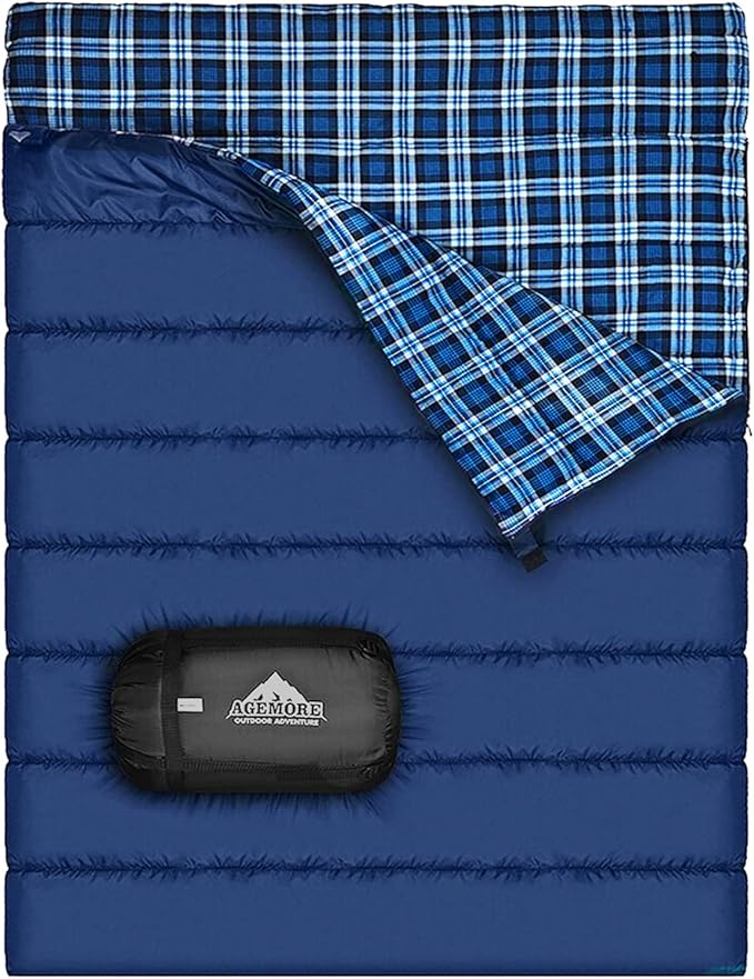 AGEMORE Cotton Flannel Double Sleeping Bag for Camping Backpacking Or Hiking. Queen Size 2 Person Waterproof Sleeping Bag for Adults Or Teens. Lightweight with Compression Sack