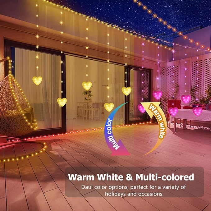 Heart Curtain Lights Battery Operated Valentines Day Decor 10ft x 3.3ft Warm White &amp Multicolor Twinkle Fairy String Lights Curtain Timer &amp IR Remote for Indoor Outdoor Christmas Decor