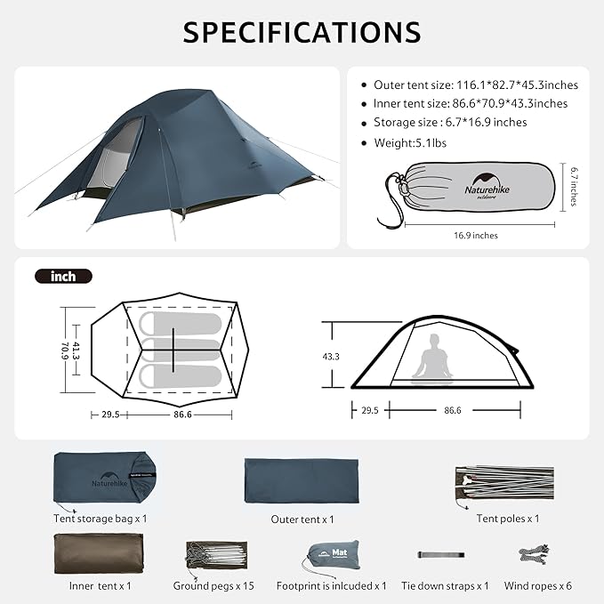 Naturehike Cloud Up 3 Person Backpacking Tent with Footprint - 3 Season Free Standing Lightweight 3 Person Camping Tent | with Footprint Free Standing Dome Camping Hiking Waterproof