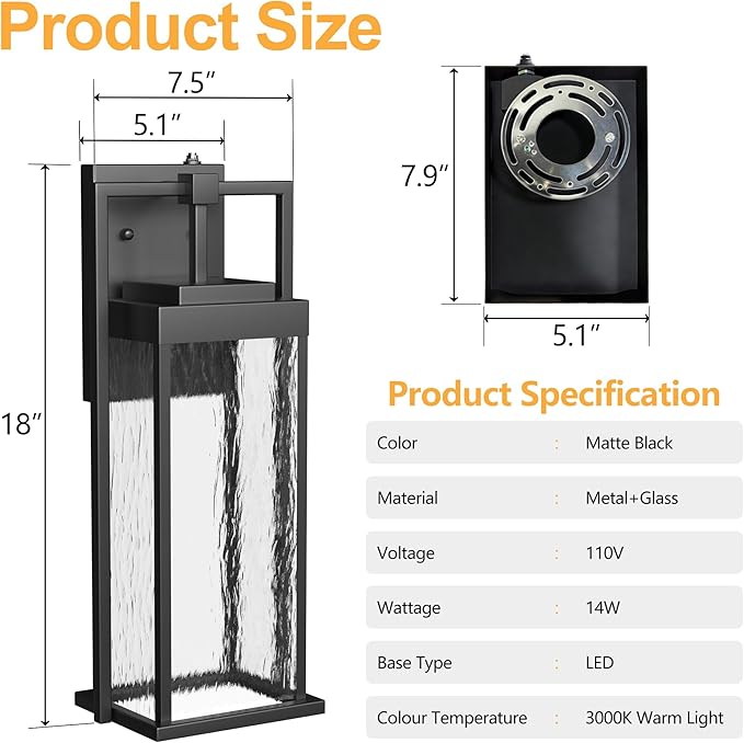 LED Outdoor Light Fixture 18Inch Waterproof Dusk to Dawn Outdoor Lighting Water Rippled Glass Exterior Lantern Sconce Modern Outside Wall Light for Porch House Garage Black