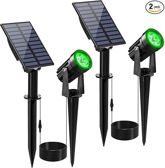 Green Solar Spot Lights Outdoor 2 Pack Solar Landscape Spotlights IP65 Waterproof 9.8ft Cable Auto On/Off Outdoor Wall Lights for Garden Yard Driveway Porch Walkway Pool (1-in-1)