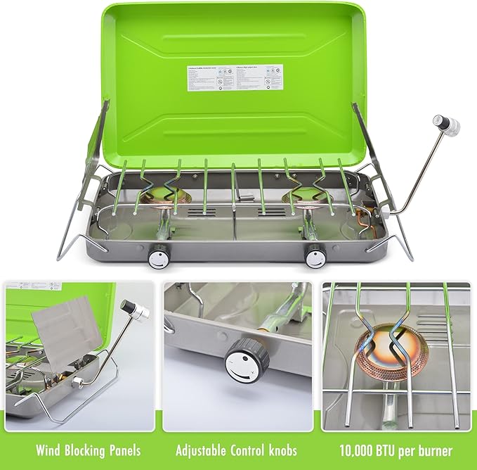 Flame King VT-101 2-Burner Portable Camping Stove Grill Great for Outdoor Cooking Backpacking Compatible with 1LB Propane Gas Bottle