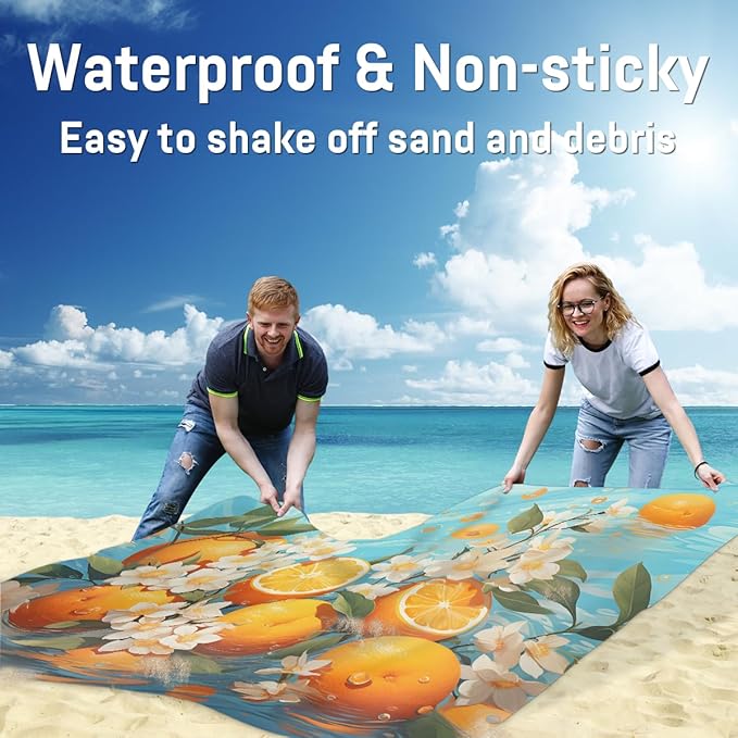 Waterproof Sandproof Beach Blanket 59''×68'' Fruit Orange Polyester Outdoor Picnic Blanket with 4 Stakes &amp Storage Bag for BeachCampingVacation Golden Yellow
