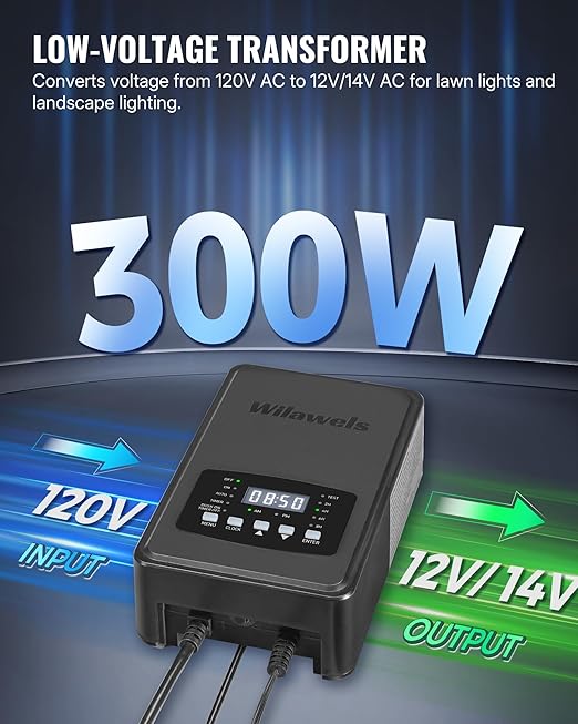 300W Low Voltage Landscape Transformer Weatherproof Outdoor Low Voltage Transformer 120V AC to 12/14V AC Landscape Lighting Transformer with Timer and Photocell Sensor ETL Listed D12LT06