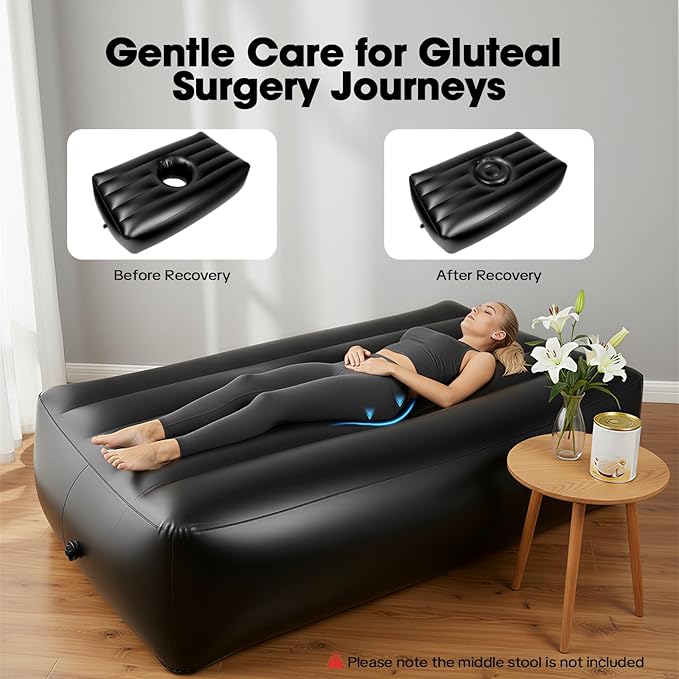BBL Bed 72 x 40 Inflatable Mattress with Hole BBL Bed After Surgery for Sleeping Ergonomics PVC Pregnancy Bed Inflatable Mattress Air Mattress for Camping Traveling Hiking (Black)