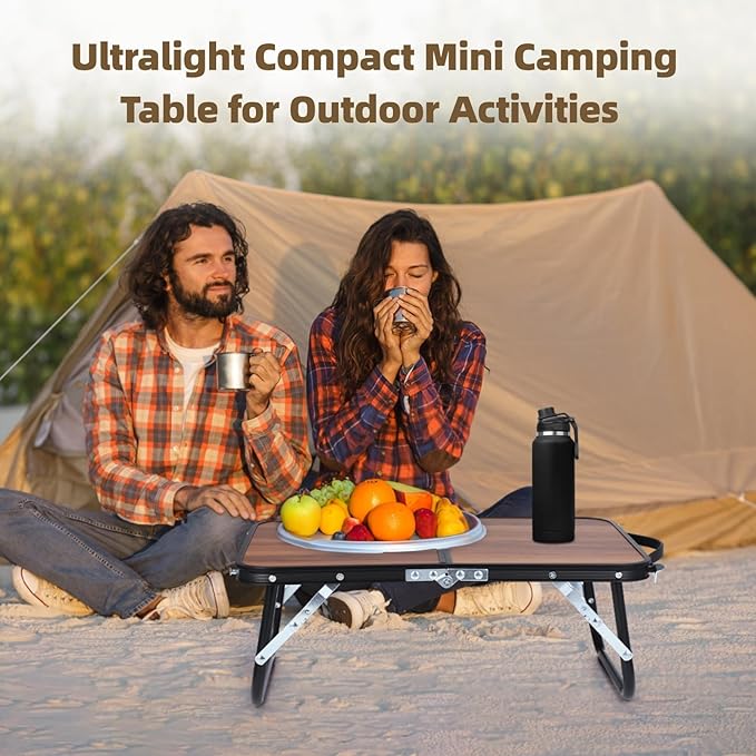 Mini Camping Table Compact Walnut Wood Folding Side Low Table for Camp Foldable Lightweight and Portable Table for Picnic Travel Beach
