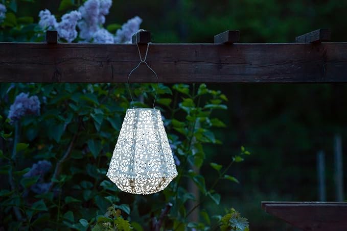 Allsop Soji Stella Prism Solar Lantern 11 LED Outdoor Light Handmade with Weather-Resistant UV Treated Fabric Stainless Steel Hardware Auto Sensor on/Off for Patio Deck Garden