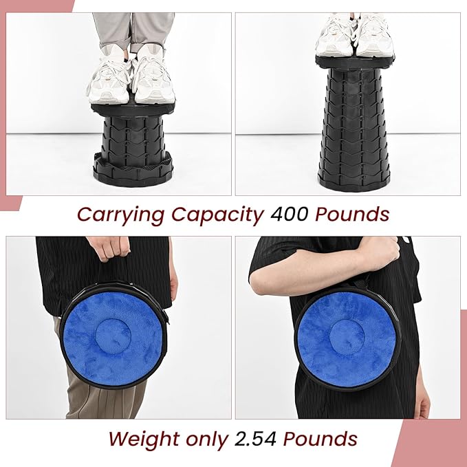 2 Pack Upgraded Collapsible Stool Folding Stool with CushionRetractable Folding Stool Max Load Capacity 400lbs Portable Telescoping Stools for Camping Hiking Outdoor BBQ -Black