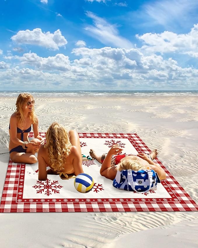 Beach Blanket Waterproof Sandproof OversizedChristmas Animal Elk Winter Snowflake Beach Mat with Corner Stakes Sand PocketsRed Buffalo Plaid White Check Outdoor Picnic Mat for Travel 95x80In