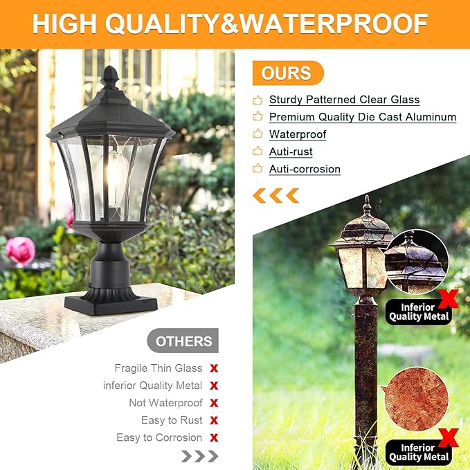 Post Lights Outdoor Post Lantern 20 Exterior Post Coach Light with Pier Mount Base Weather Resistant Aluminum with Clear Glass Pier Mount Lantern Black Outdoor Pole Lamp for Patio Porch Yard