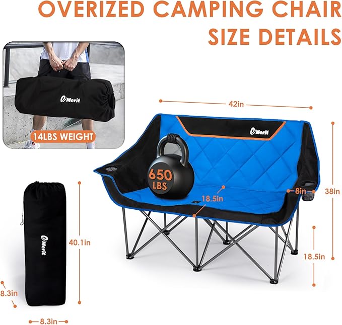 EMERIT Double Camping Chair Oversized Padded for Adults Heavy Duty Folding Loveseat for Outdoor Camping Beach Lawn Concert 650LB