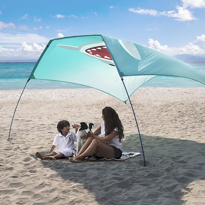 Beach Wind-Powered Shade Canopy Portable Sun Shelter Tent UPF 50+ UV Protection Lightweight Easy Set Up 78 Sq. Ft. of Shade for 1-3 People.Lite Blue Tint Shark