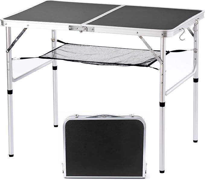 Folding Camping Table 36''L x24''W Camp Aluminum Table with Adjustable Height Legs Indoor Outdoor Lightweight Portable Folding Dining Table for Camp Picnic Beach 3Ft black 2 Heights 15/28）