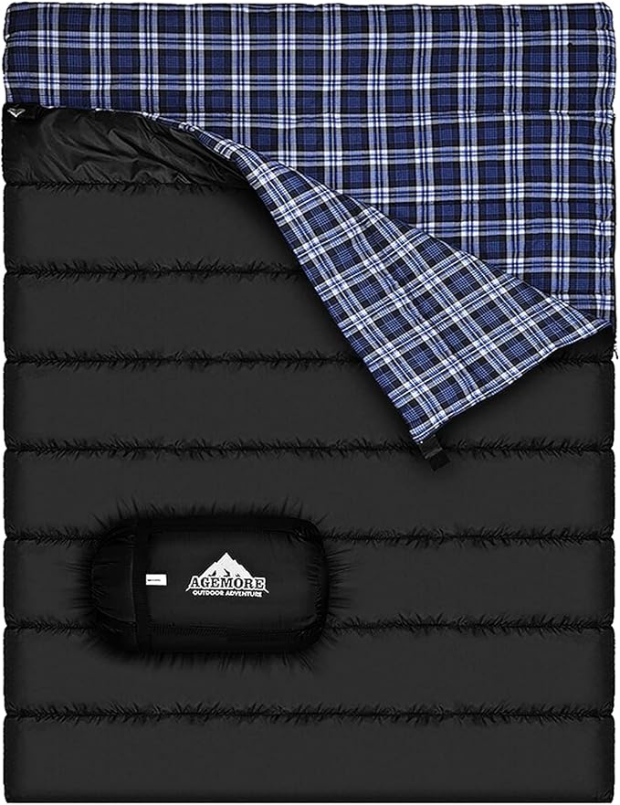 AGEMORE Cotton Flannel Double Sleeping Bag for Camping Backpacking Or Hiking. Queen Size 2 Person Waterproof Sleeping Bag for Adults Or Teens. Lightweight with Compression Sack
