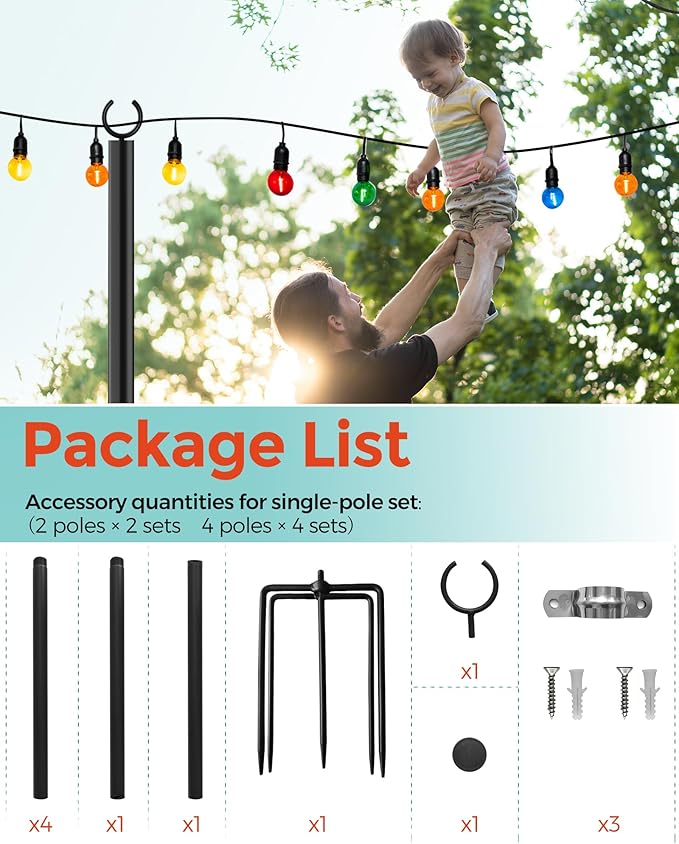 LAND·VOI 4 Pack String Light Poles 9FT Heavy Duty Metal Light Poles for Outside String Lights Outdoor light poles with 5 Prong Fork Light Pole Stand for Patio Backyard Garden Deck Black FLP14B