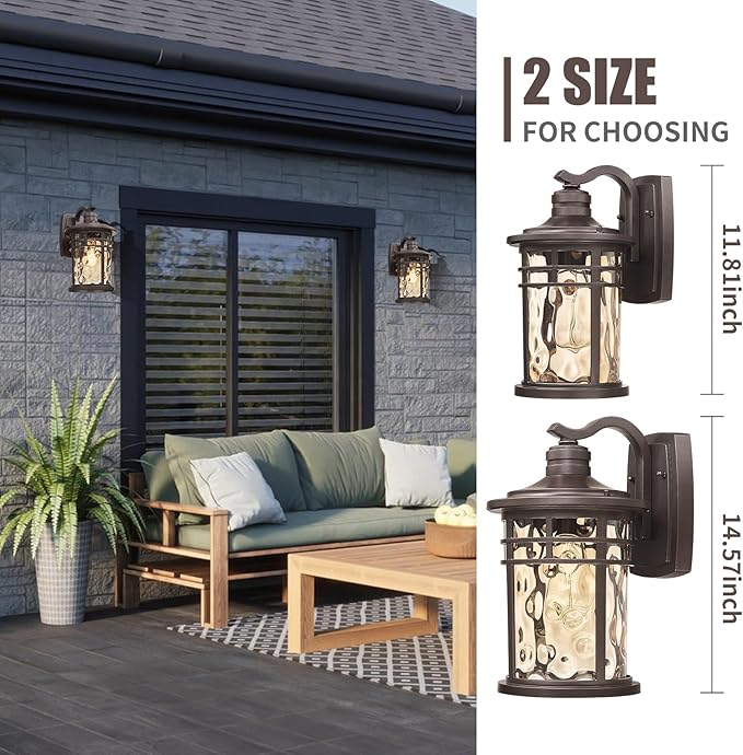 Darkaway Outdoor Wall Light Fixture14.57inch Large Outside Porch Lights Wall Mounted Amber Ripple Glass Modern Exterior Waterproof Wall Sconce Lighting for House Front Door Garage