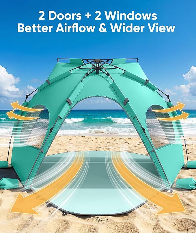 Beach Tent Sun Shelter for 5-6 Person Pop Up Beach Canopy UPF 30+ UV Protection Breathable Mesh Window Portable Sun Shade Tent with Carrying Bag for Sands &amp Outdoor Mint Green Size XL