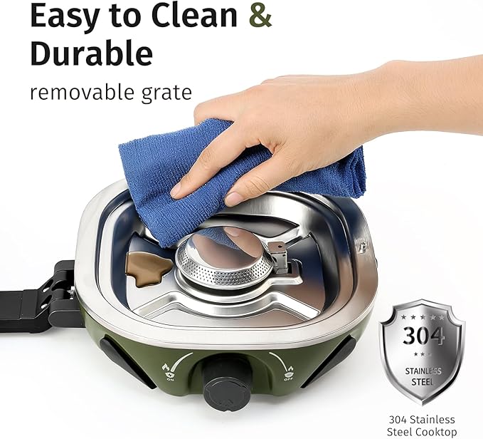 INFOOD Propane Camping Stove 20000 BTU - Portable 2 Burner Gas Stove with Adjustable Flame Control Piezo Ignition Carry Bag &amp Propane Adapter Hose Folding Design for Camp BBQ Tailgating Gre