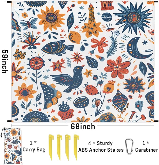 Waterproof Sandproof Beach Blanket 59''×68'' Animals &amp Plants Polyester Outdoor Picnic Blanket with 4 Stakes &amp Storage Bag for BeachCampingVacation White