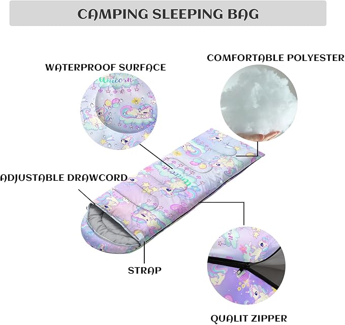 Sleeping Bags for Adults Youth Kids3D Printing Camping Sleeping Bag for Girls Boys Lightweight Waterproof Cold/Warm Weather Sleeping Bag for 3 Seasons