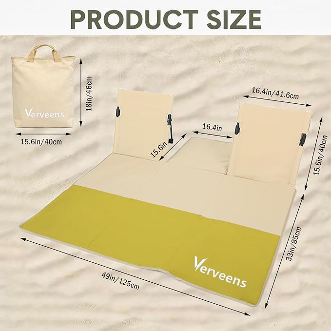 2-Person Portable Beach Lounge Chair with Carry Bag - Lightweight Outdoor Picnic Mat with Back Support for Beach Picnic Concerts Camping &amp Park (Beige and Yellow)