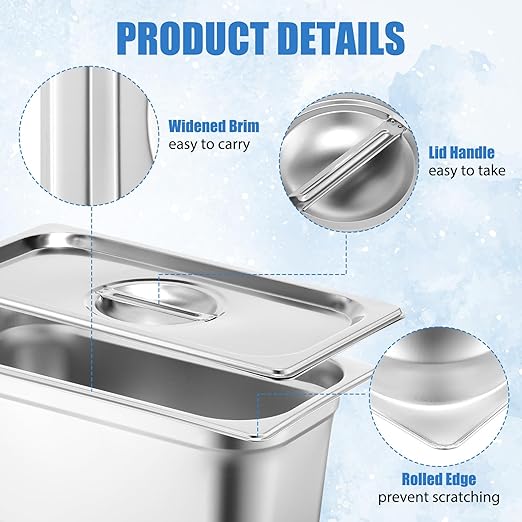 Thenshop 6 Pack Stainless Steam Hotel Pan with Lid Deep Steam Table Pan Reusable Anti Rust Water Restaurant Supplies for Home Party Buffet(12.8 x 6.89 x 5.91 Inches Pans1/3 Size Lids)