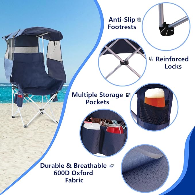 Folding Camping Chairs Canopy Outdoor: Sports Portable Beach Chair with Canopy-Lawn Beach Chairs with Umbrella for Adults-Camping Chair with Shade for Fishing Camp Heavy Duty (Regular Navy Blue)