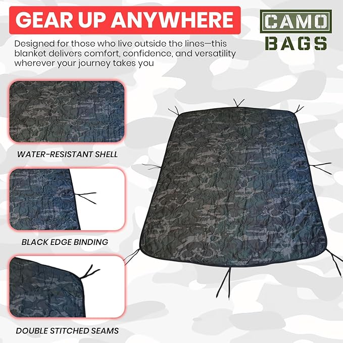 Camo Military Woobie Style Blanket- Waterproof Blankets with Adjustable Straps- 8 Pair Tie Cords military blanket with Reinforced Stitching- Ultralight RIBSTOP Travel Blanket for Camping &amp Outdoor