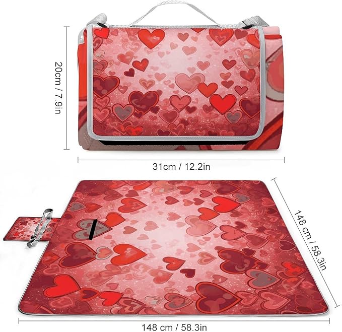 Love Heart Shape Beach BlanketPortable Waterproof Picnic Blanket58.3''x 58.3'' Extra Large Picnic Mat for BeachCamping Grass Lawn Park Accessorie for Festival BBQ