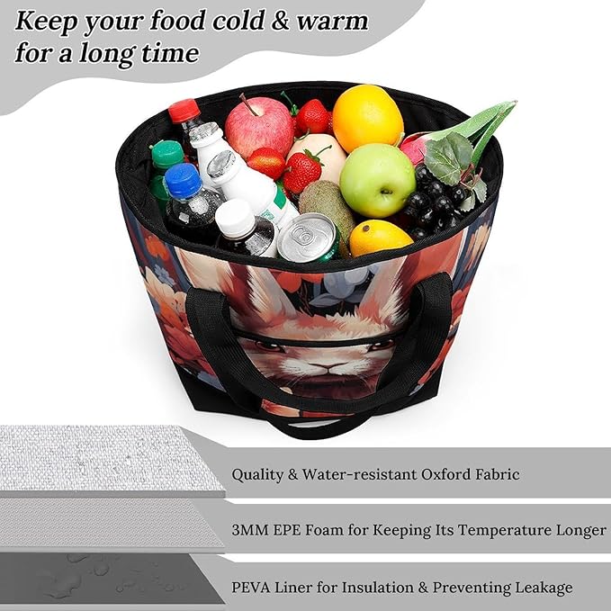 Insulated Shopping BagLarge Reusable Cooler Bags Easter Bunny Printed Foldable Shopping BagTravel Waterproof Shoulder Bag
