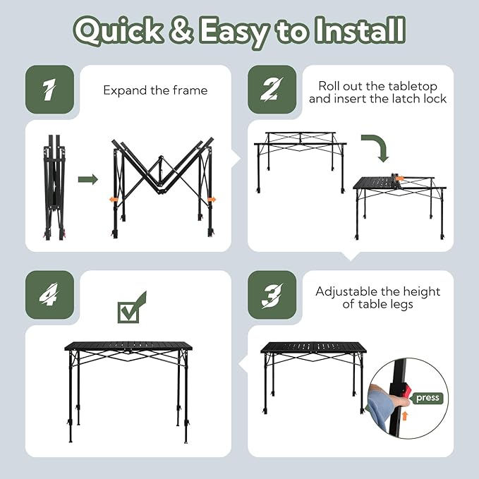 Portable Outdoor Adjustable Height Camping Table Large for 2-6 Person Foldable Roll-up Aluminum Camp Table with Carry Bag for Picnic Camp Sturdy Stable Loads 220 Lbs (Black)