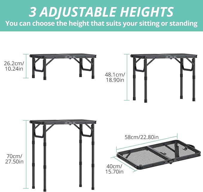 VINTEAM Camping Folding Grill Table | 3 Adjustable Heights | Lightweight Portable Aluminum Table for BBQs Picnic and Outdoor Use | Mesh Desktop 66lbs Weight Capacity