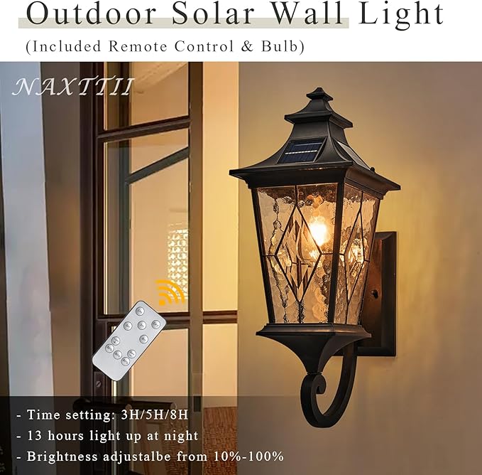 Solar Exterior Front Porch Light with Water Ripple Handmade Solder Glass Dusk to Dawn Solar Sconce Lights Outdoor 20.9 Inch Height Large Size Waterproof Include Remote Control and LED Bulb