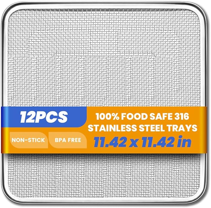 316 12pcs Stainless Steel Commercial Dehydrator Tray 11.42in Food Dehydrator Trays 12 Pack Fruit Dryer Trays BPA-Free Food Dryer Accessories