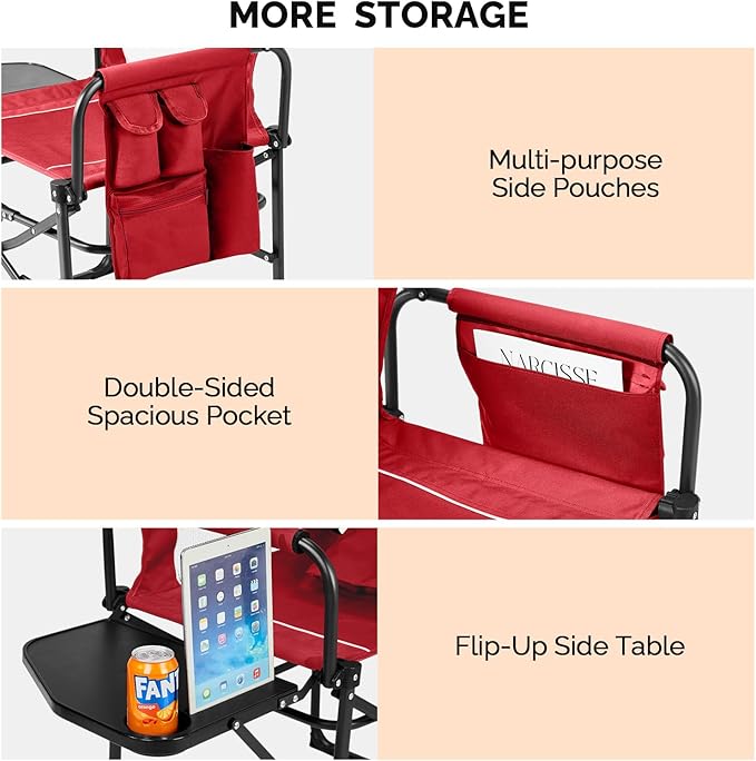 Folding Camping Directors Chair Portable Foldable Outdoor Chair with Built-in Cup Holder Side Table Storage Pocket for Beach Tailgating Fishing Trip Picnic Concert Red