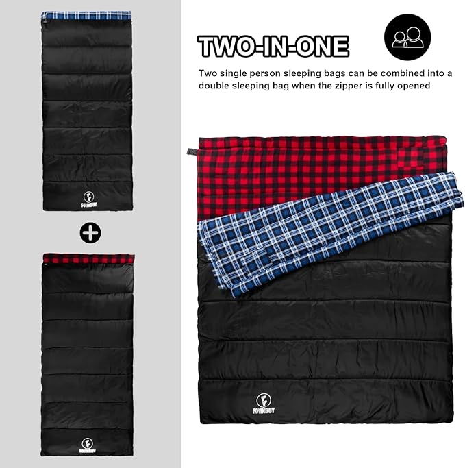 Flannel Sleeping Bag Cold Weather for Adults XL Camping Cotton Sleeping Bag 4 Season Big and Tall Waterproof with Compression Sack