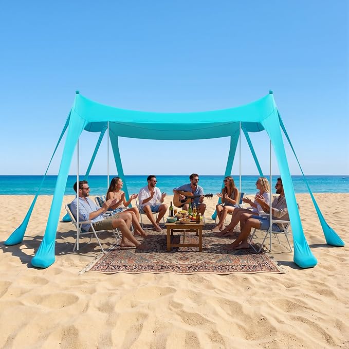 VEVOR Beach Tent Sun Shelter UPF50+ Sun Protection 6.6 ft Tall 10 x 10 ft Easy Pop Up Beach Canopy with Sandbags Stability Poles Sand Shovels Portable Shade for Family Camping Fishing Green
