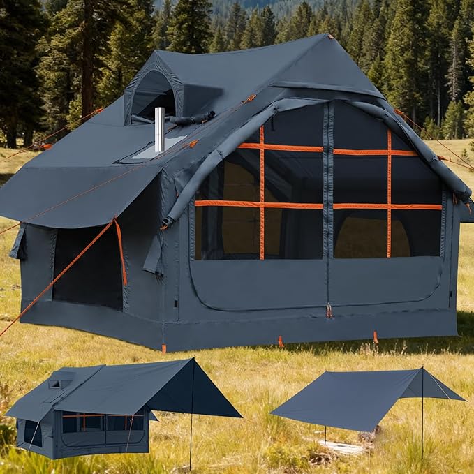 Inflatable Tents with Hand Pump Hot Tent with Stove Jack Easy Blow Up Glamping Tent with Mesh Windows 4-6 Person Instant Family Camping Tents Waterproof for 4 Seasons