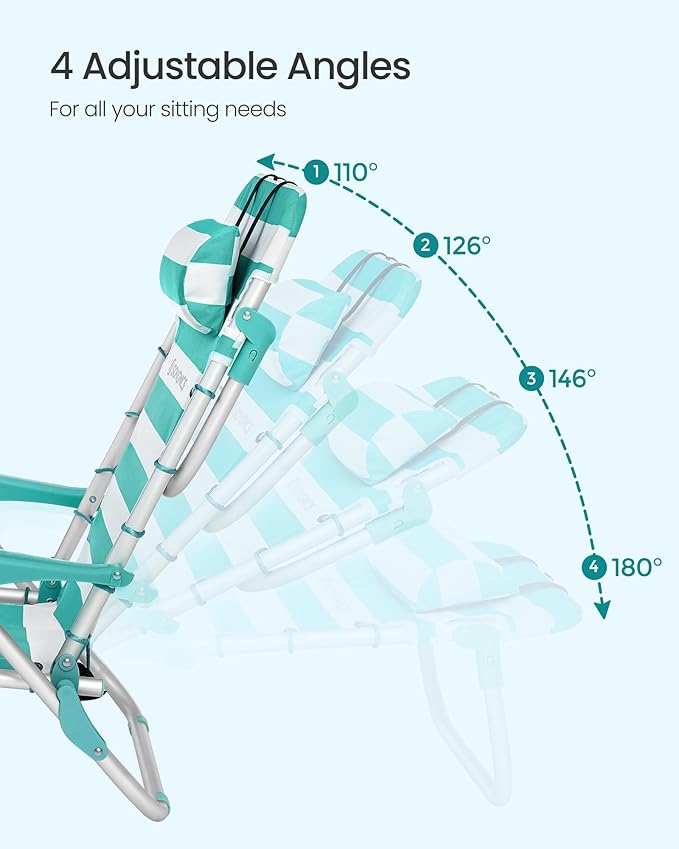 SONGMICS Portable Backpack Beach Chair 331 lb Capacity 4 Angles Adjustable Backrest 2 Side Pockets Towel Bar Green and White UGCB62JW