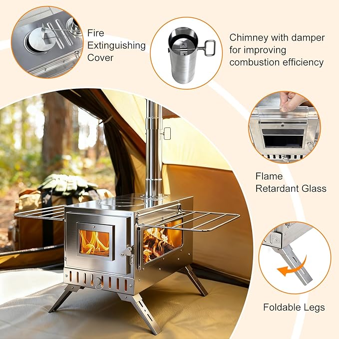 unho Outdoor Wood Burning Stove for Camping Stainless Steel Chimney Pipe Outdoor Heating &amp Cooking Hot Tent Stove