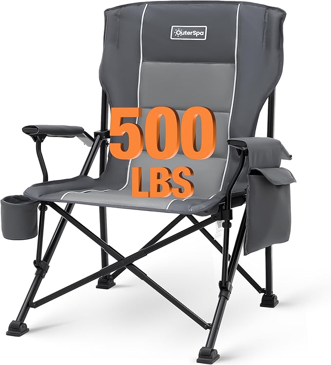 Oversized Folding Camping Chairs for Adults Heavy Duty Support 500lbs Big and Tall High Back Camping Chairs for Heavy People Padded Lawn Chairs Camp Chairs for PatioBeachCampLawnOutdoorGrey