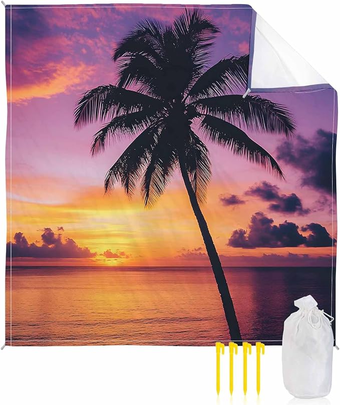 Beach Blanket Waterproof Sandproof Oversized Beach Sunset Coconut Tree Beach Mat with Corner Stakes Sand Pockets Summer Ocean Scenery Outdoor Picnic Mat for Travel Camping Hiking 95x80In
