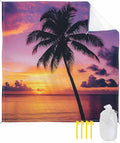 Beach Blanket Waterproof Sandproof Oversized Beach Sunset Coconut Tree Beach Mat with Corner Stakes Sand Pockets Summer Ocean Scenery Outdoor Picnic Mat for Travel Camping Hiking 108x84In