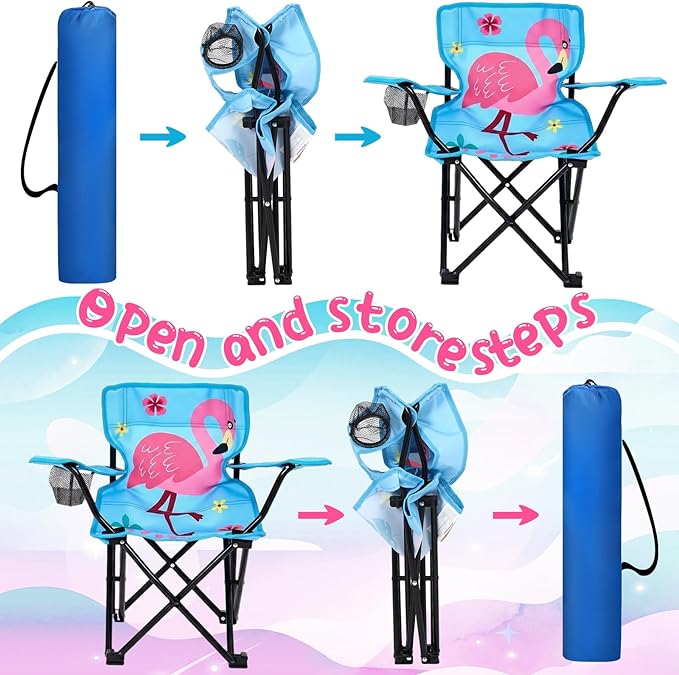 Outdoor Toddler Camping Chair with Umbrella Foldable Beach Chairs with Safety Lock for Kids Waterproof Lawn Kids Folding Chair for Outside Beach Travel(Flamingo)