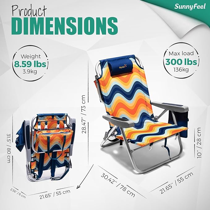 SUNNYFEEL Beach Chairs for Adults 2 Pack 5 Position Lay Flat Portable Folding Backpack Beach Chair Heavy Duty with Cooler Bag Cup Holder for Outdoor/Lawn/Picnic Foldable Camping Chair