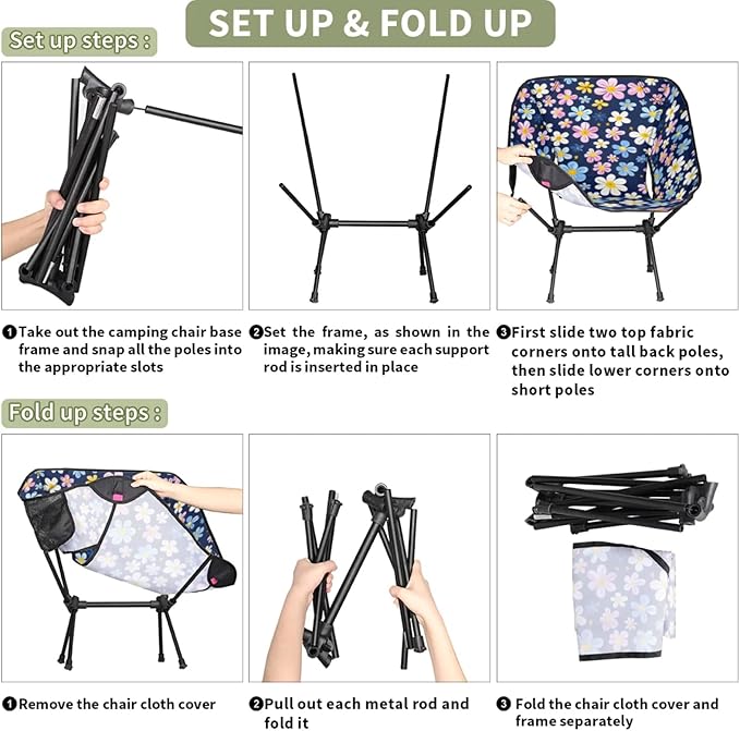 Honeybaby Folding Camping Chair Beautiful Floral Camping Chairs Lightweight Portable Chair Outdoor Foldable Chairs for Camping Travel Picnic Beach Hiking