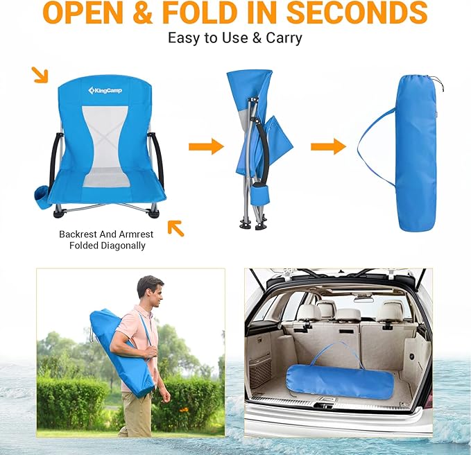 KingCamp Low Beach Chair High Back Folding Camping Chair for Adults Oversized Breathable Mesh Seat 300lbs Heavy Duty Portable Chair with Cup Holder &amp Storage Pockets for Beach Outdoor