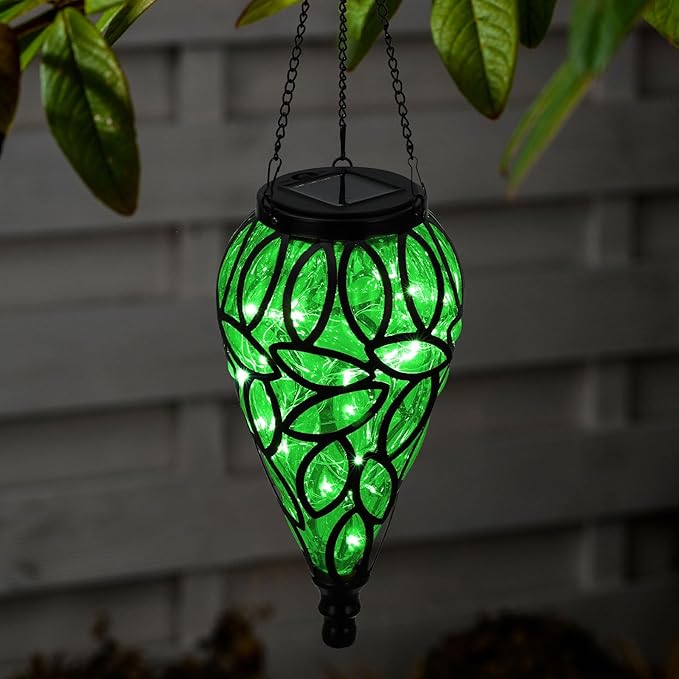Solar Hanging Lantern Outdoor Lights Tear-Shaped 15 LEDs Cool White Hanging Lights with S Hooks Decor in Garden Yard Pathway Front Door and Landscape